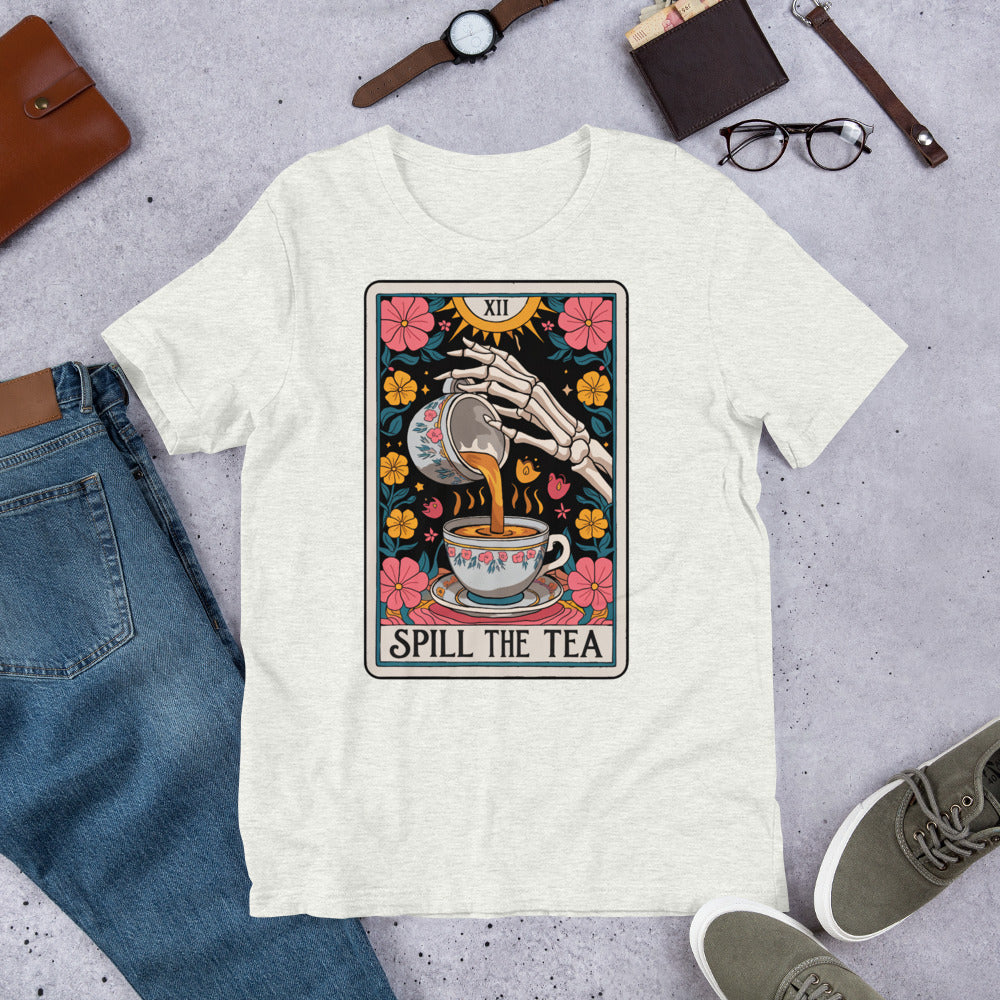 Spill The Tea Tarot Cart Unisex t-shirt in various sizes and colours