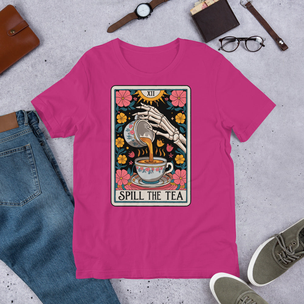 Spill The Tea Tarot Cart Unisex t-shirt in various sizes and colours