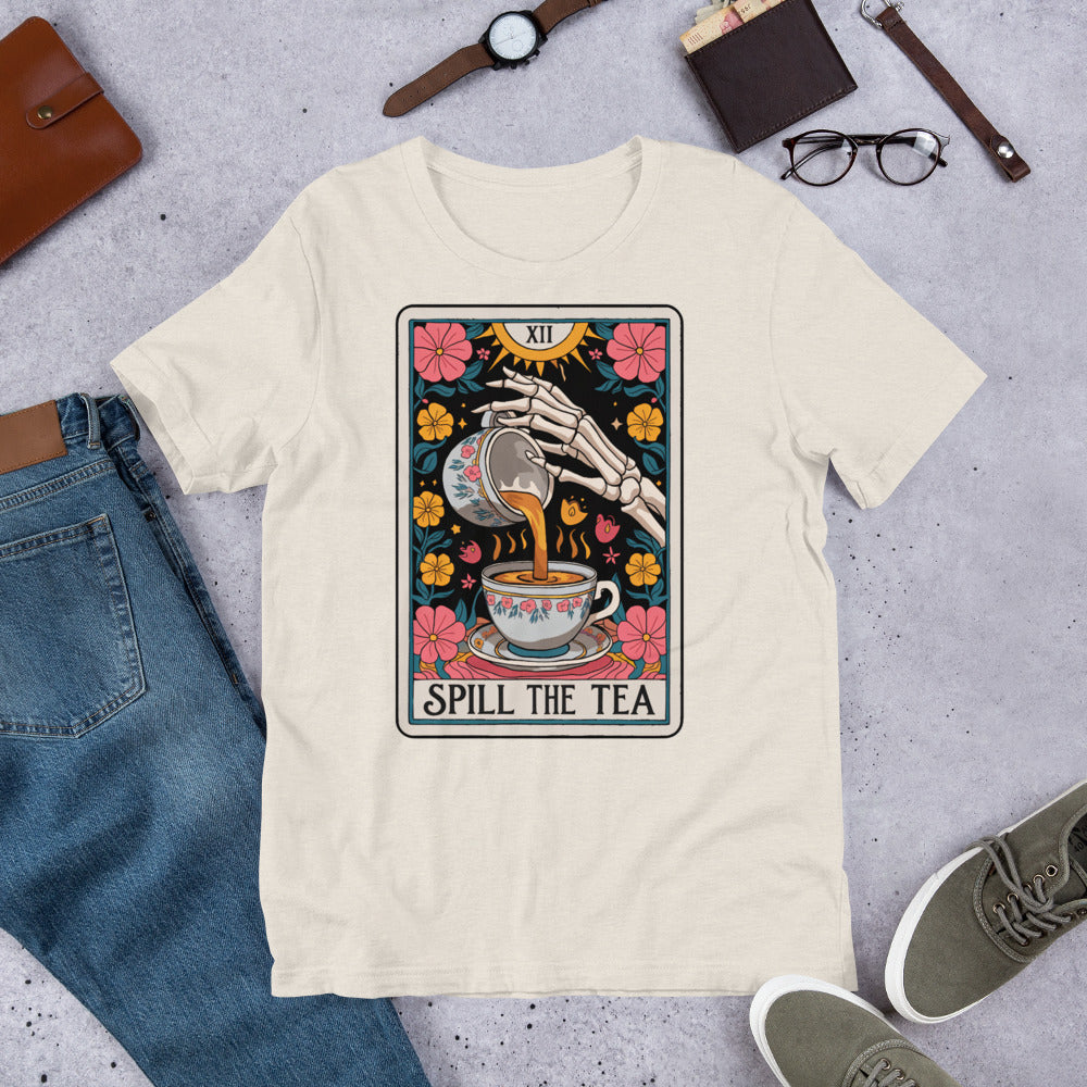 Spill The Tea Tarot Cart Unisex t-shirt in various sizes and colours