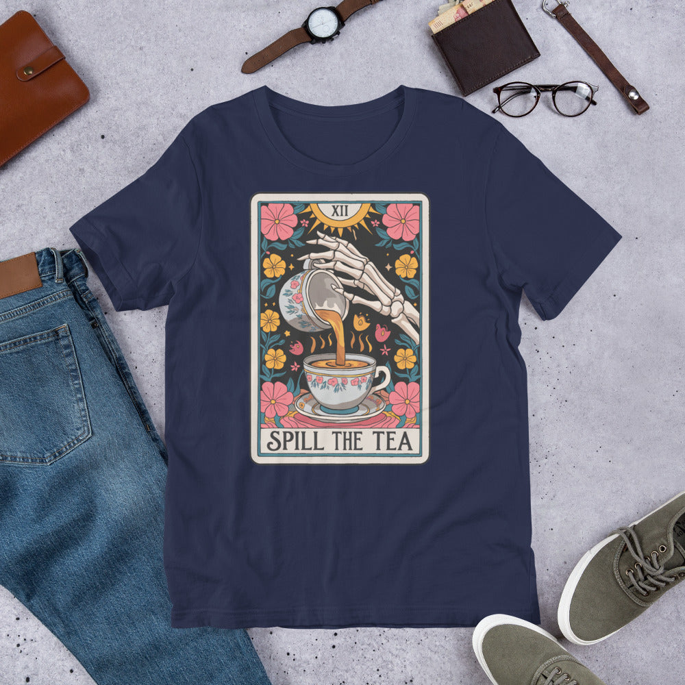 Spill The Tea Tarot Cart Unisex t-shirt in various sizes and colours