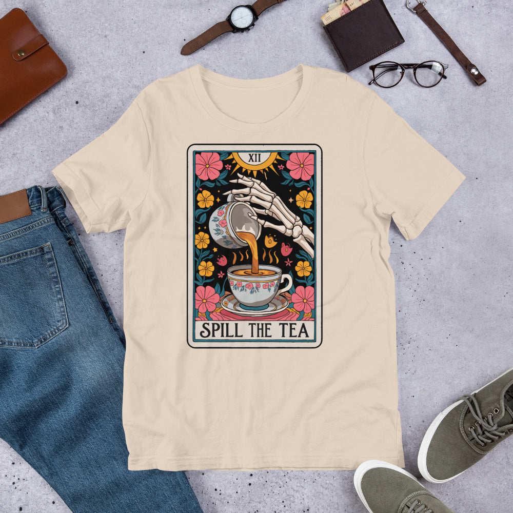 Spill The Tea Tarot Cart Unisex t-shirt in various sizes and colours