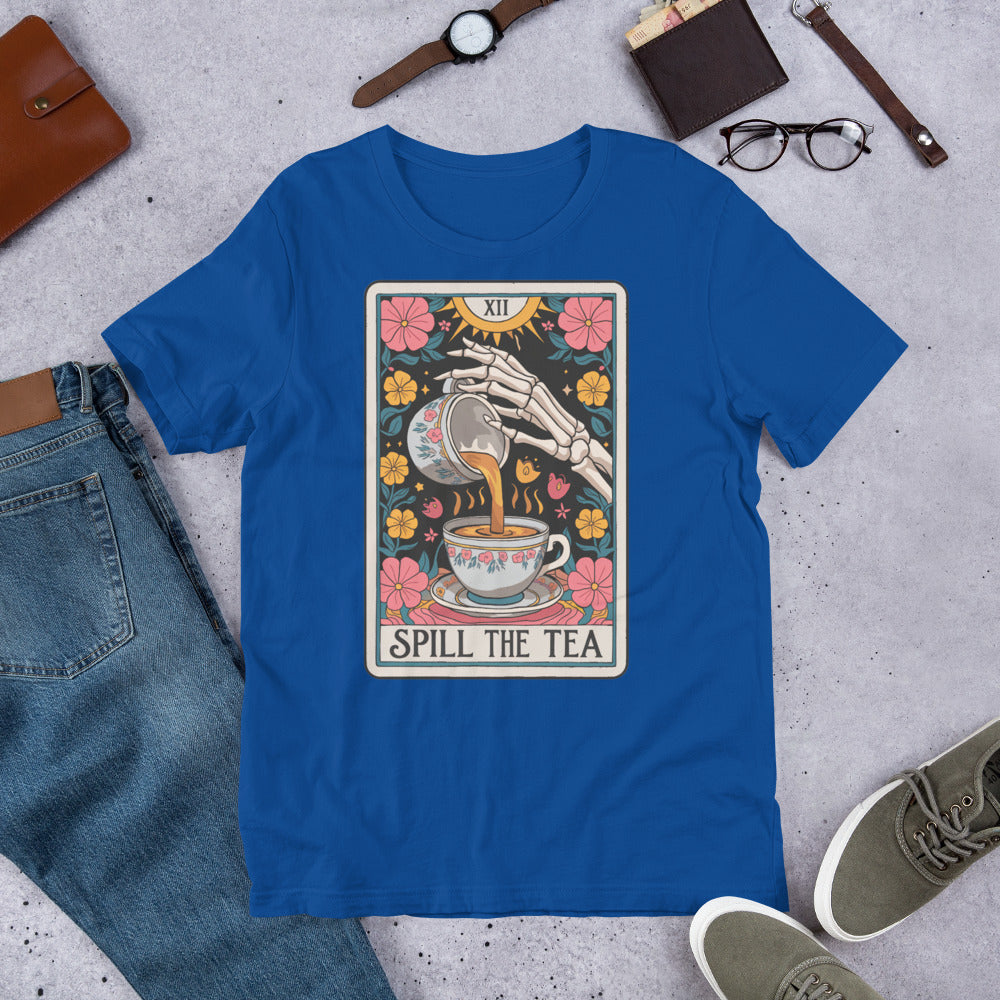 Spill The Tea Tarot Cart Unisex t-shirt in various sizes and colours