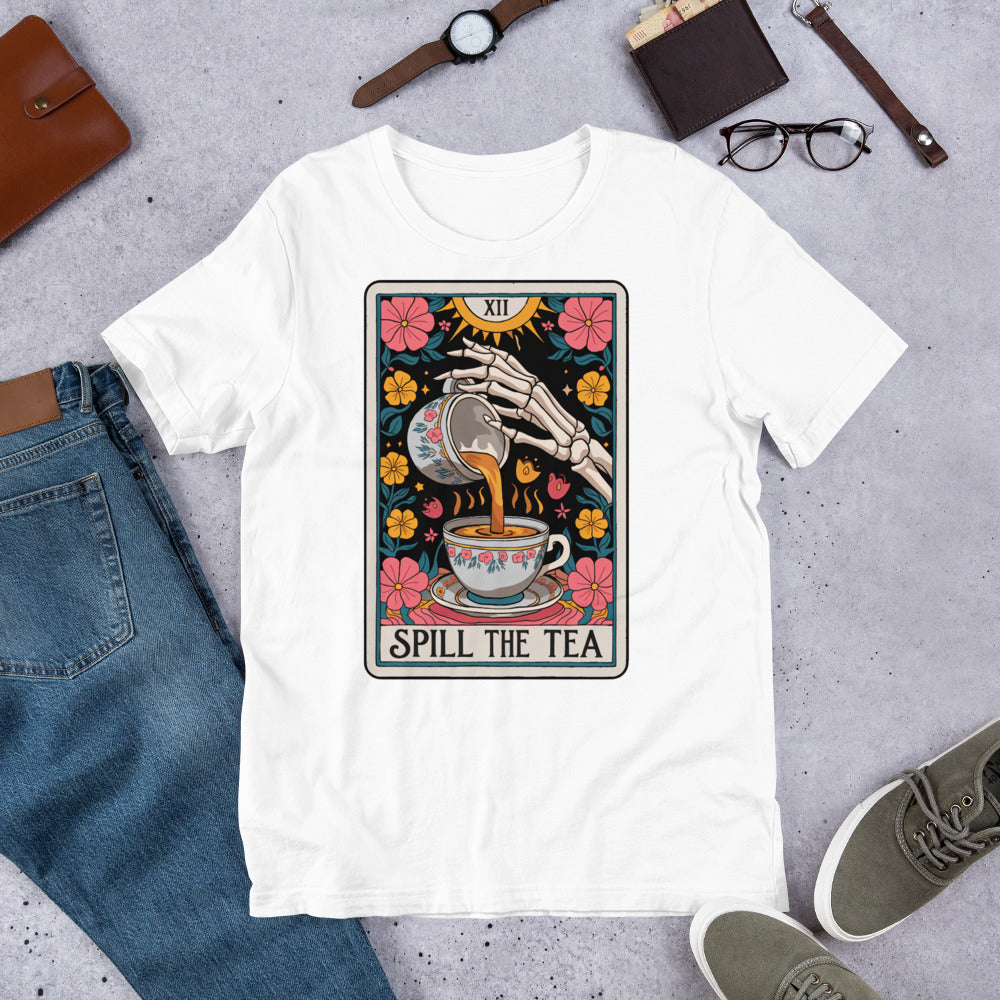 Spill The Tea Tarot Cart Unisex t-shirt in various sizes and colours