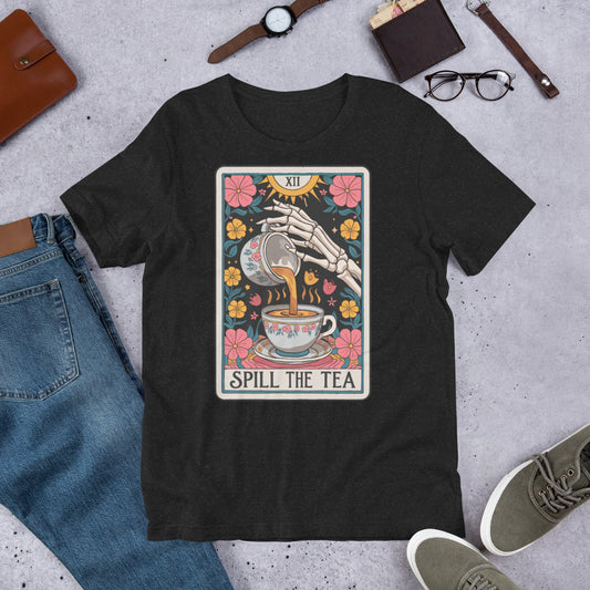 Spill The Tea Tarot Cart Unisex t-shirt in various sizes and colours