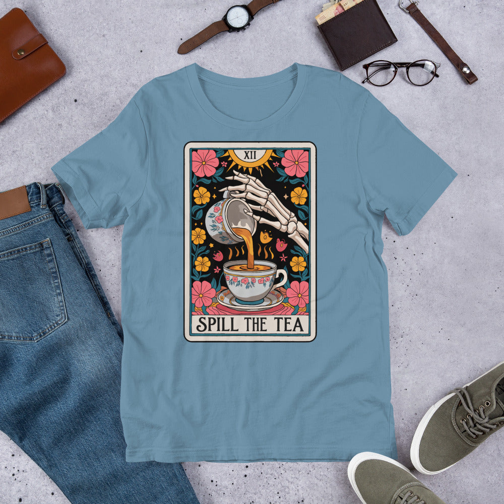 Spill The Tea Tarot Cart Unisex t-shirt in various sizes and colours